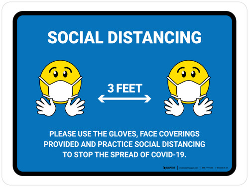 Social Distancing Please Use Face Coverings/Gloves with 3ft Emojis Blue Landscape - Wall Sign