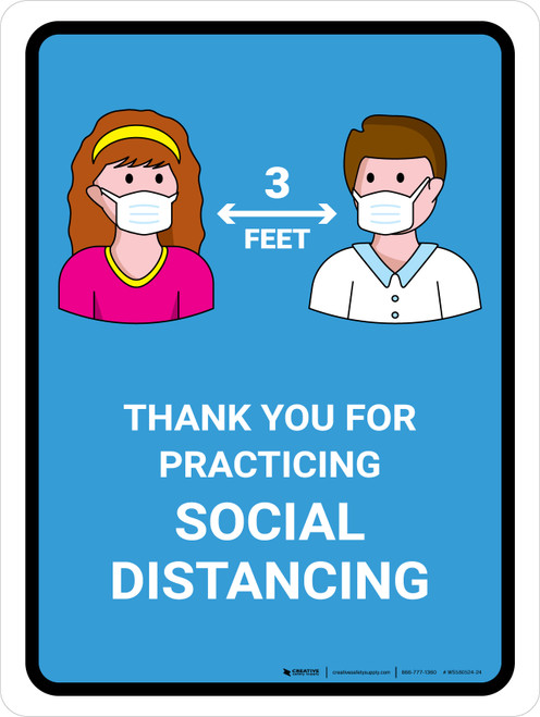 Thank You For Practicing Social Distancing with 3ft Icons Blue Portrait - Wall Sign