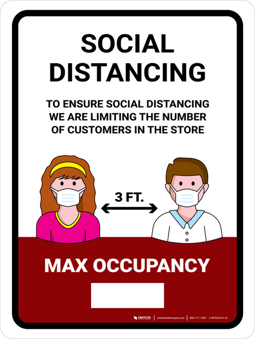 Social Distancing Max Occupancy with 3ft Icons Red Portrait - Wall Sign