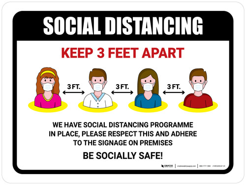 Social Distancing Keep 3 Feet Apart with Icons Landscape - Wall Sign