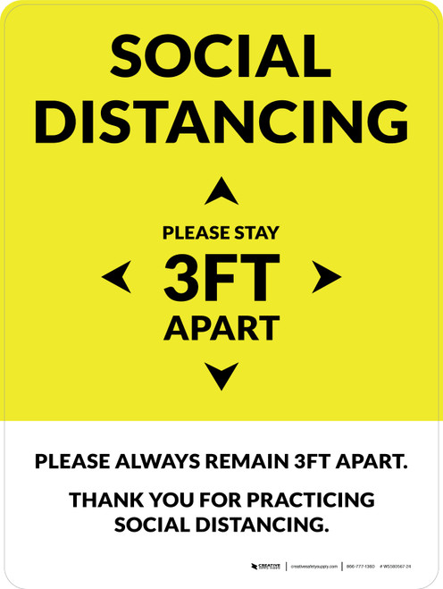 Social Distancing Please Stay 3Ft Apart Yellow Portrait - Wall Sign