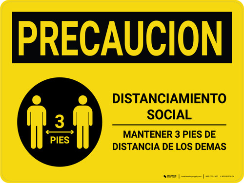 Caution Precaucion: Social Distancing 3ft Spanish with Icon Landscape - Wall Sign