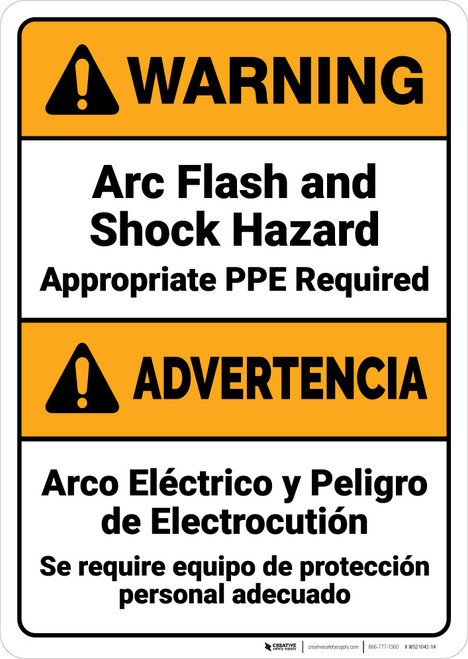 Warning: Arc Flash Shock Hazard PPE Required Bilingual Spanish ANSI - Wall Sign