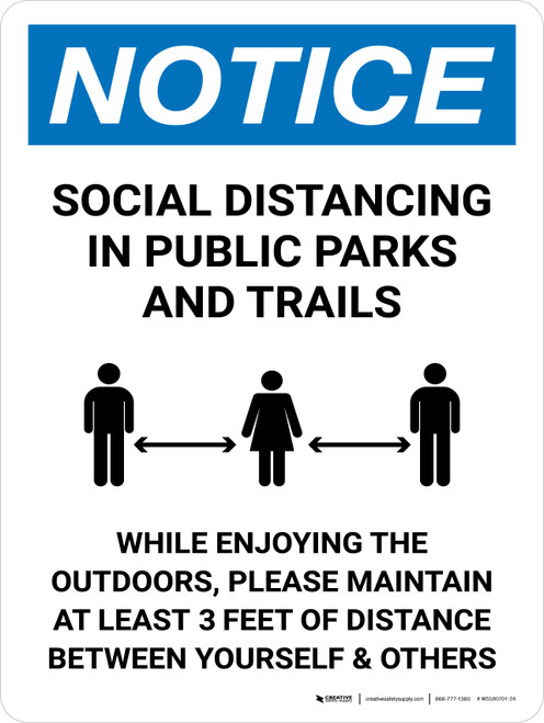 Notice Social Distancing In Public Parks And Trails 3ft Portrait - Wall Sign