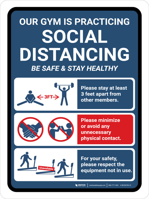 Our Gym Is Practicing Social Distancingwith 3ft Icons Portrait - Wall Sign