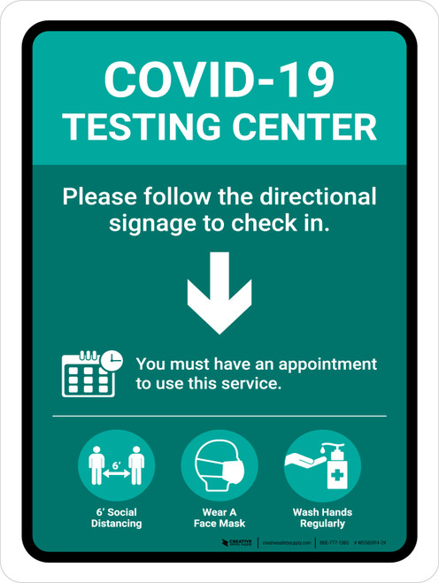 Covid-19 Testing Center Green Down Arrow Portrait - Wall Sign