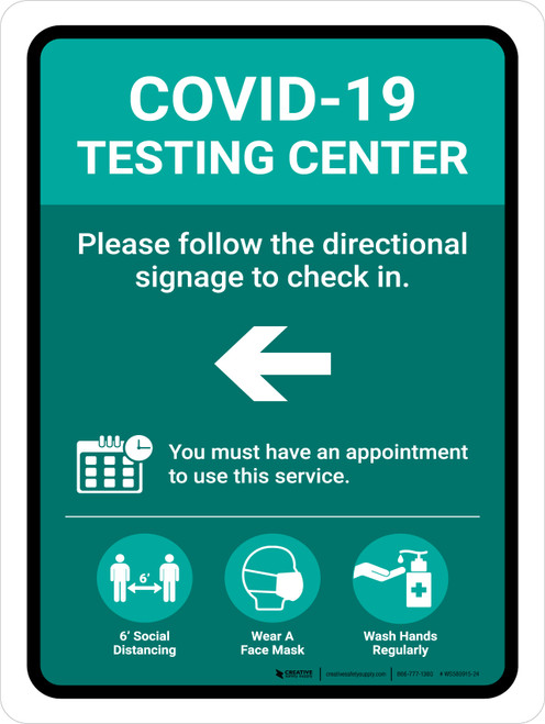 Covid-19 Testing Center Green Left Arrow Portrait - Wall Sign