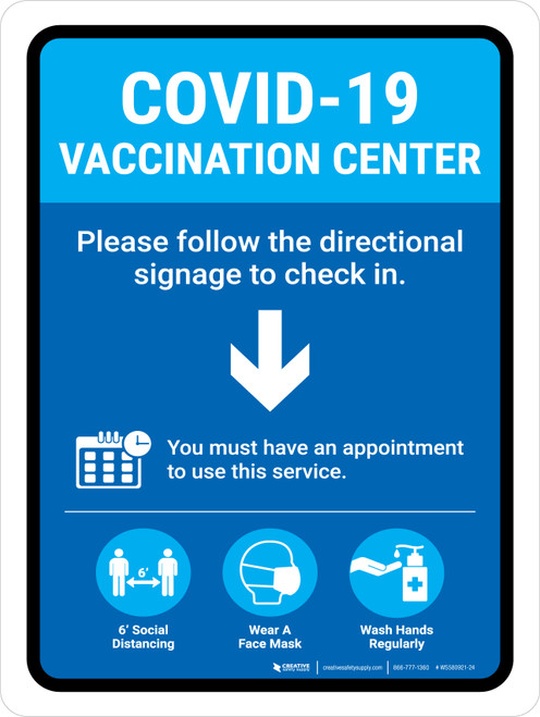 Covid-19 Vaccination Center Blue Down Arrow Portrait - Wall Sign