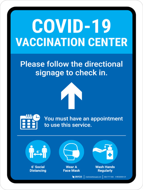 Covid-19 Vaccination Center Blue Up Arrow Portrait - Wall Sign