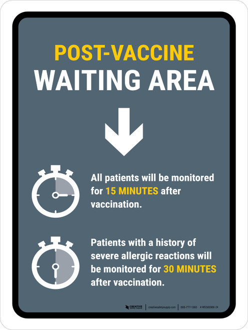 Post Vaccine Waiting Area Down Arrow Portrait - Wall Sign