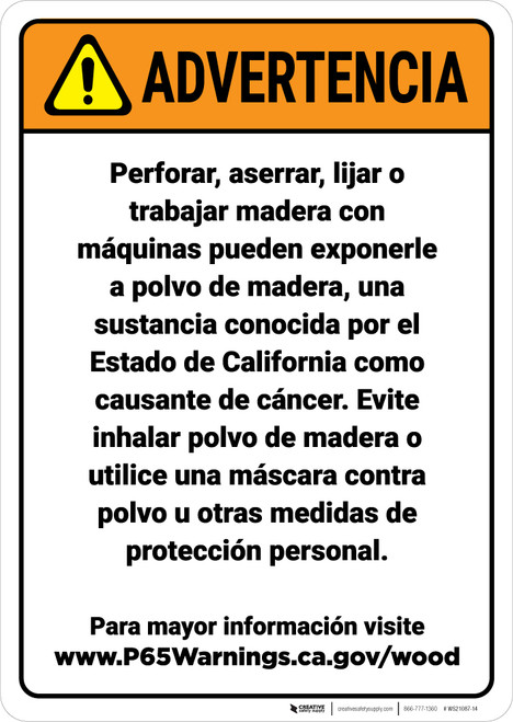 Warning: Raw Wood Exposure Spanish Prop 65 - Wall Sign