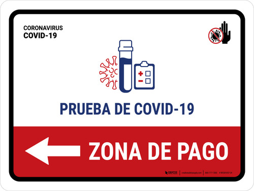 Covid-19 Testing Payment Area With Icon Left Arrow Spanish Landscape - Wall Sign