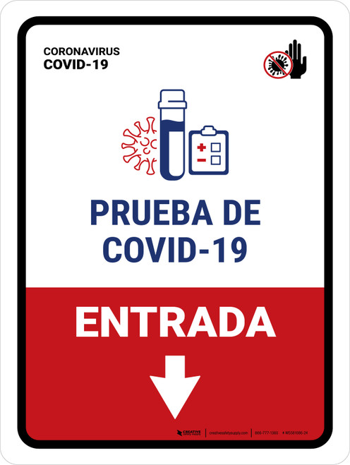 Covid-19 Testing Entrance With Icon Down Arrow Spanish Portrait - Wall Sign