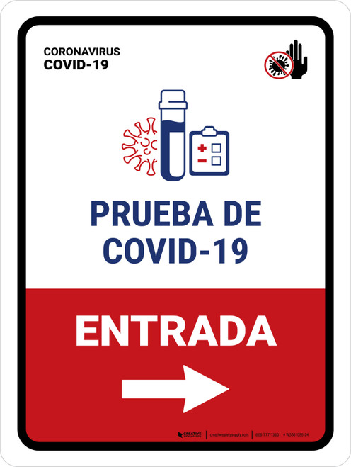 Covid-19 Testing Entrance With Icon Right Arrow Spanish Portrait - Wall Sign