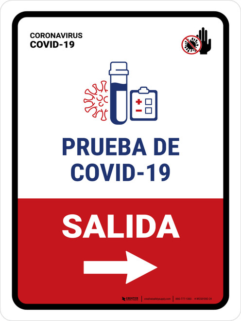 Covid-19 Testing Exit With Icon Right Arrow Spanish Portrait - Wall Sign