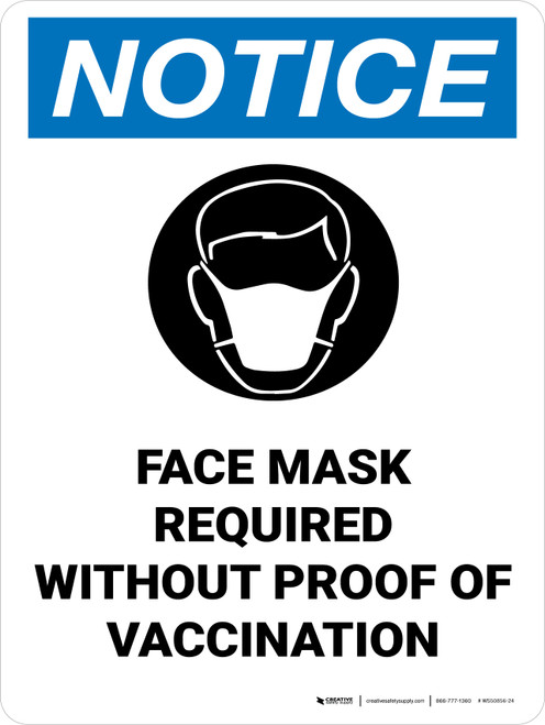 Notice: Face Mask Required Without Proof Of Vaccination Portrait - Wall Sign