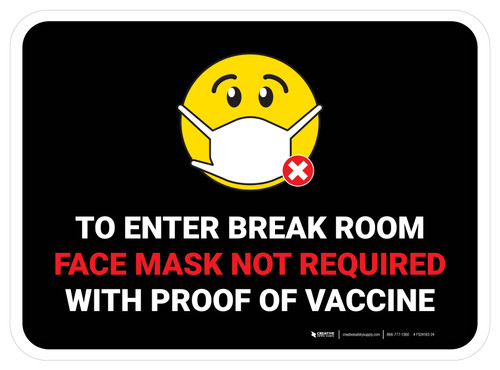 To Enter Break Room Face Mask Not Required with Proof of Vaccine with Emoji Black Rectangular - Floor Sign