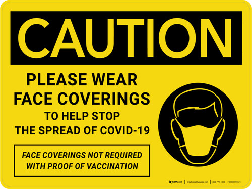 Caution: Please Wear Face Coverings To Help Stop The Spread Of Covid-19 Face Coverings Not Required With Proof Of Vaccination Landscape - Wall Sign
