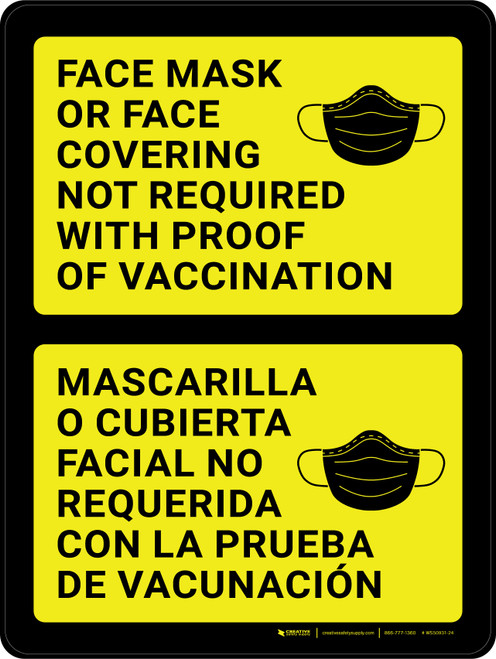 Face Mask Or Face Covering Not Required With Proof Of Vaccination Bilingual Spanish Portrait - Wall Sign