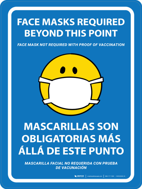 Face Masks Required Beyond This Point - Not Required With Proof Of Vaccination Emoticon Blue Bilingual Spanish Portrait - Wall Sign