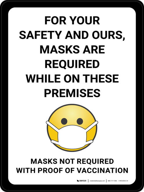 For Your Safety And Ours - Masks Are Required While On These Premises - Masks Not Required With Proof Of Vaccination Emoticon Portrait - Wall Sign