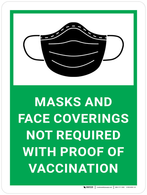 Masks and Face Coverings Not Required With Proof Of Vaccination Green with Icon Portrait - Wall Sign