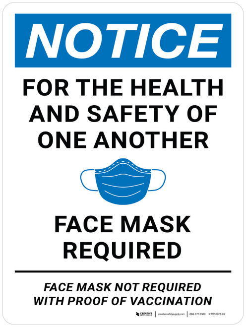 Notice: For Health And Safety Face Mask Required - Mask Not Required With Vaccination with Icon Portrait - Wall Sign