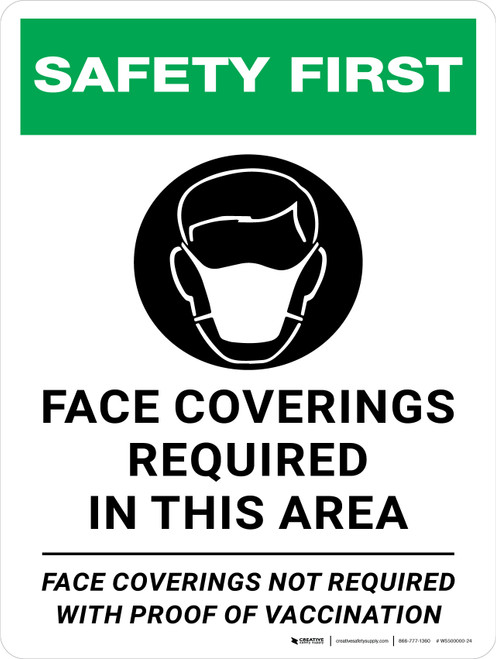 Safety First: Face Coverings Required In This Area - Face Coverings Not Required With Proof Of Vaccination Portrait - Wall Sign