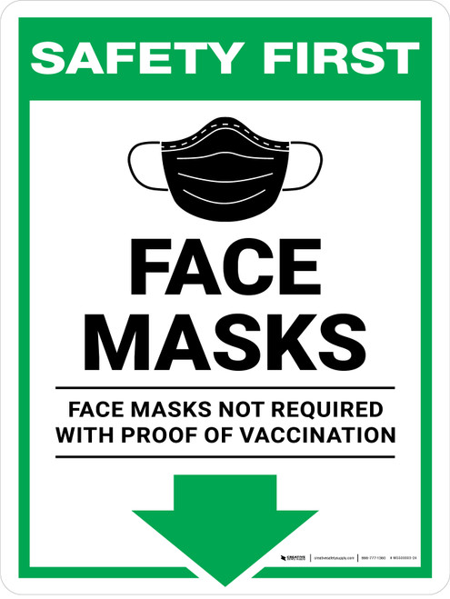 Safety First: Face Masks Arrow Down Icon - Face Masks Not Required With Proof Of Vaccination Portrait - Wall Sign