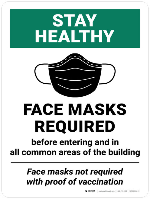 Stay Healthy Face Masks Required Before Entering And In All Common Areas Of The Building Face Masks Not Required With Proof Of Vaccination Portrait - Wall Sign