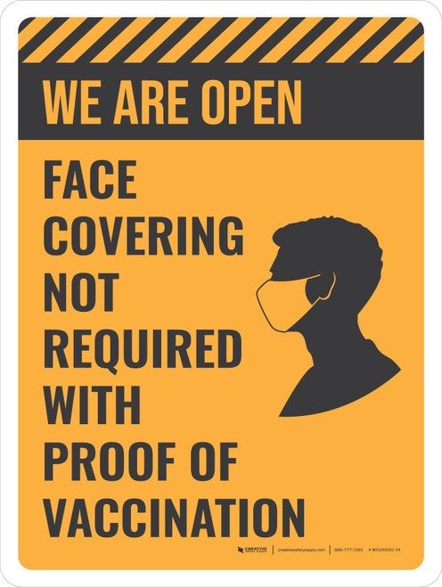 We Are Open - Face Covering Not Required With Proof Of Vaccination Orange Portrait - Wall Sign