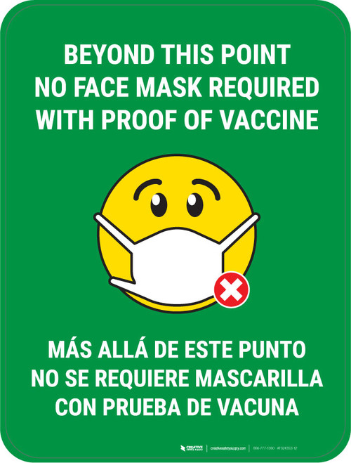 Beyond This Point No Face Mask Required With Emoji Green Bilingual Spanish - Floor Sign