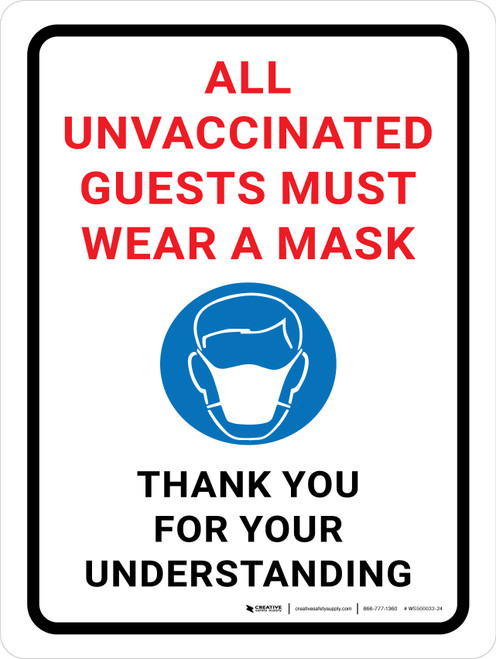 All Unvaccinated Guests Must Wear A Mask - Thank You with Icon Portrait - Wall Sign