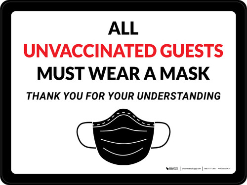 All Unvaccinated Guests Must Wear A Mask - Thank You For Understanding with Mask Icon Landscape - Wall Sign