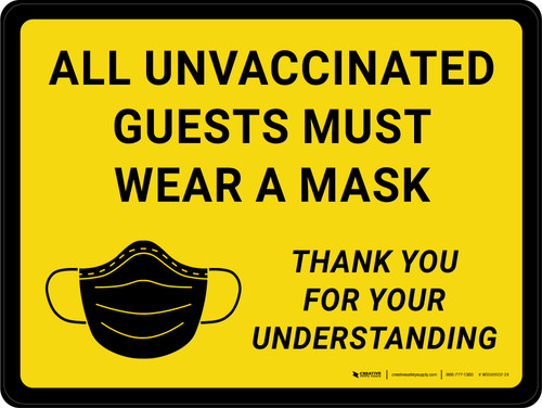 All Unvaccinated Guests Must Wear A Mask - Thank You With Icon Yellow Landscape - Wall Sign