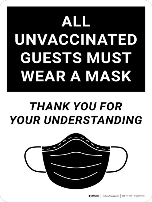 All Unvaccinated Guests Must Wear A Mask - Thank You For Understanding Black with Icon Portrait - Wall Sign