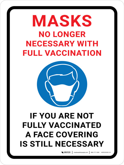 Masks No Longer Necessary With Full Vaccination - If You Are Not Fully Vaccinated Face Covering Still Necessary - Wall Sign