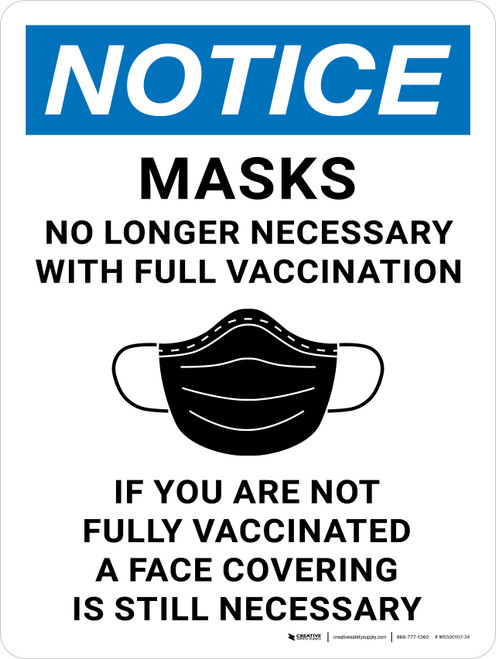 Notice: Masks No Longer Necessary With Full Vaccination If You Are Not Fully Vaccinated A Face Covering Is Still Necessary Portrait - Wall Sign