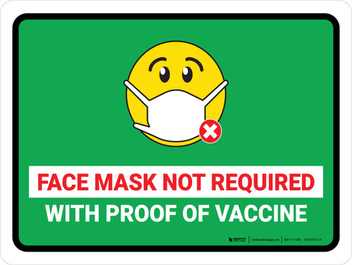 Face Mask Not Required with Proof of Vaccine with Emoji Green Landscape - Wall Sign