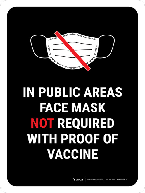 Face Mask Not Required with Proof of Vaccine In Public Areas with Icon Black Portrait - Wall Sign