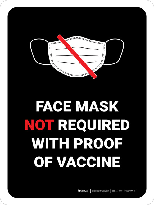 Face Mask Not Required with Proof of Vaccine with Icon Black Portrait - Wall Sign