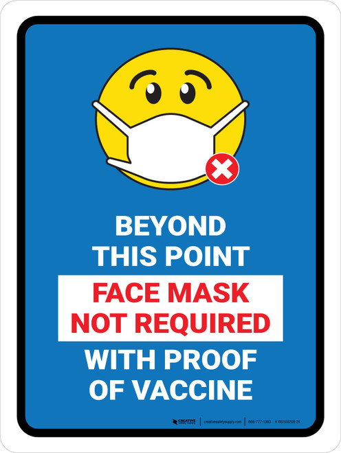 Face Mask Not Required with Proof of Vaccine Beyond This Point with Emoji Blue Portrait - Wall Sign