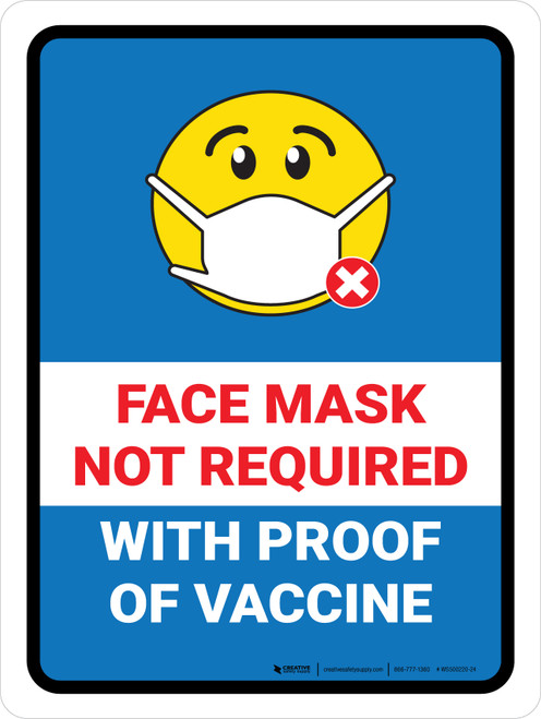 Face Mask Not Required with Proof of Vaccine with Emoji Blue Portrait - Wall Sign