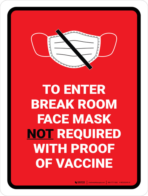 Face Mask Not Requiwith Proof of Vaccine To Enter Break Room with Icon Red Portrait - Wall Sign