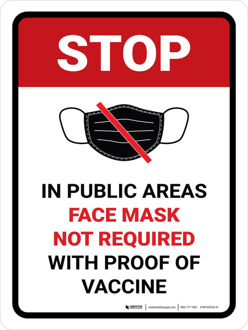 Stop: Face Mask Not Required with Proof of Vaccine In Public Areas with Icon Portrait - Wall Sign