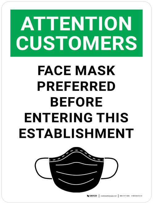 Attention: Customers Face Mask Preferred Before Entering This Establishment With Icon - Wall Sign