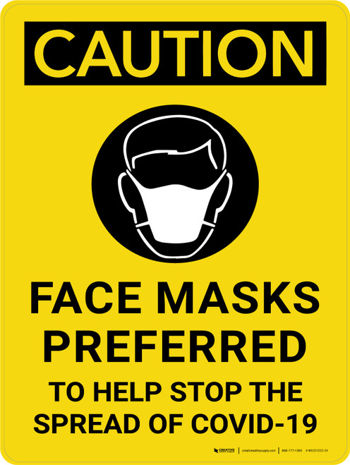 Caution: Face Masks Preferred To Help Stop The Spread Of Covid-19 - Wall Sign