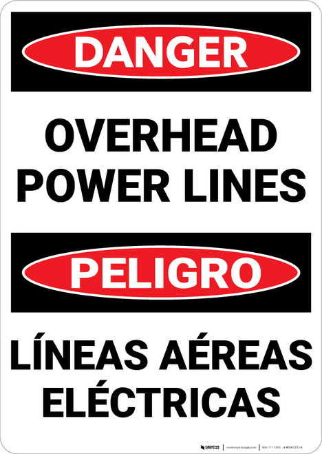 Danger: Overhead Power Lines Bilingual Spanish - Wall Sign