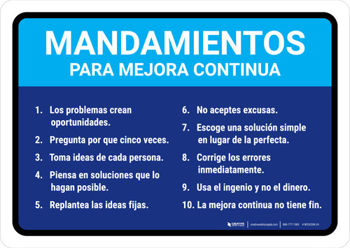 Commandments for Continuous Improvement Spanish Landscape - Wall Sign