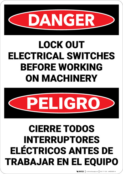 Danger: Lock Out Electrical Switches Bilingual Spanish - Wall Sign